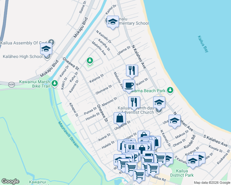 map of restaurants, bars, coffee shops, grocery stores, and more near 345B Olomana Street in Kailua