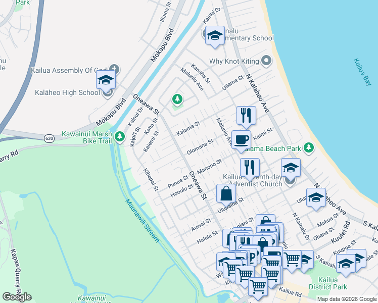 map of restaurants, bars, coffee shops, grocery stores, and more near 712 Oneawa Street in Kailua