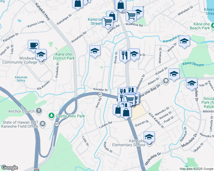 map of restaurants, bars, coffee shops, grocery stores, and more near 45-721 Anoi Road in Kaneohe