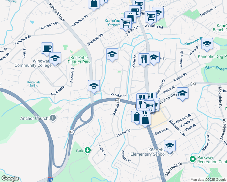 map of restaurants, bars, coffee shops, grocery stores, and more near 45-717 Kalamalo Place in Kaneohe