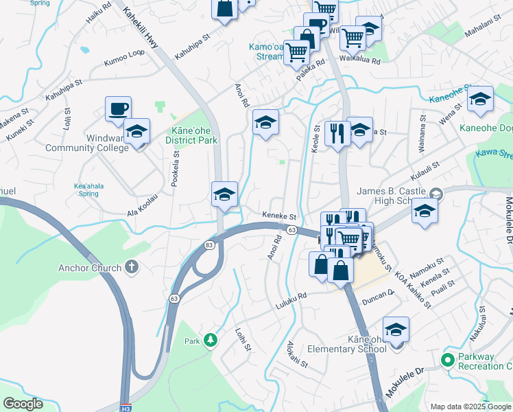 map of restaurants, bars, coffee shops, grocery stores, and more near 45-717 Kalamalo Place in Kaneohe