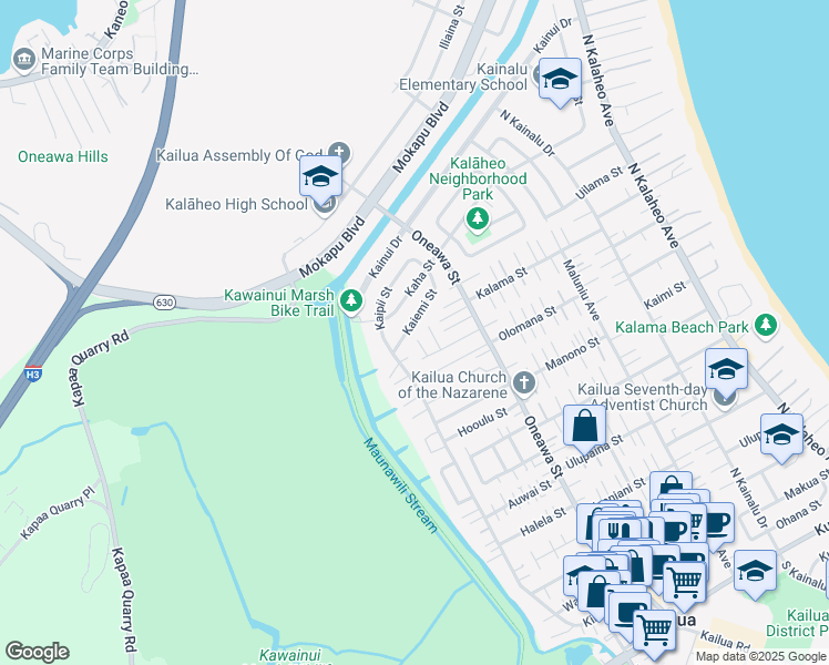 map of restaurants, bars, coffee shops, grocery stores, and more near 627 Kaiemi Street in Kailua