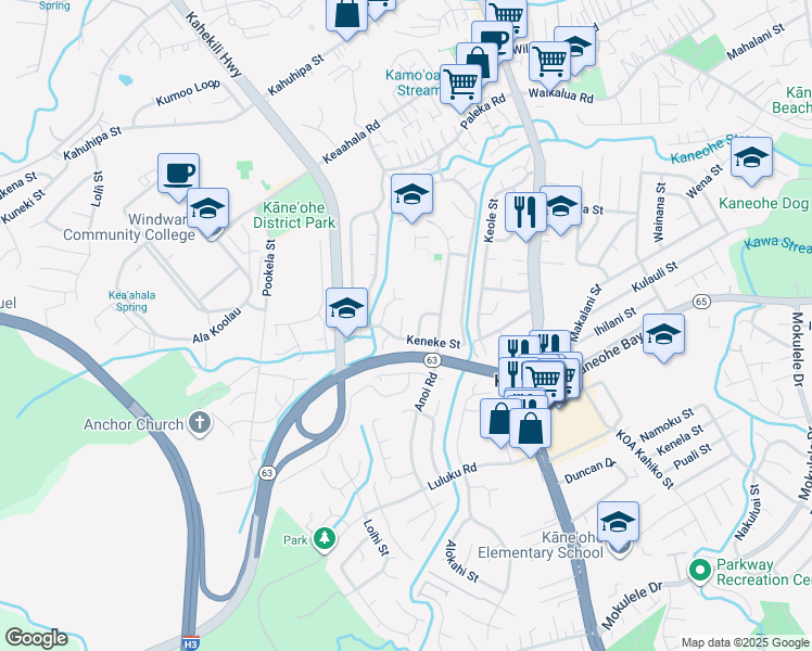 map of restaurants, bars, coffee shops, grocery stores, and more near 45-717 Kalamalo Place in Kaneohe