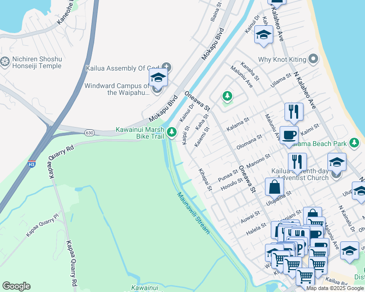 map of restaurants, bars, coffee shops, grocery stores, and more near 793 Kaipii Street in Kailua