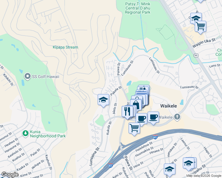 map of restaurants, bars, coffee shops, grocery stores, and more near 94-1019 Maiau Street in Waipahu