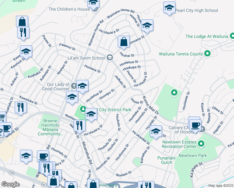 map of restaurants, bars, coffee shops, grocery stores, and more near 1671 Hookani Street in Pearl City