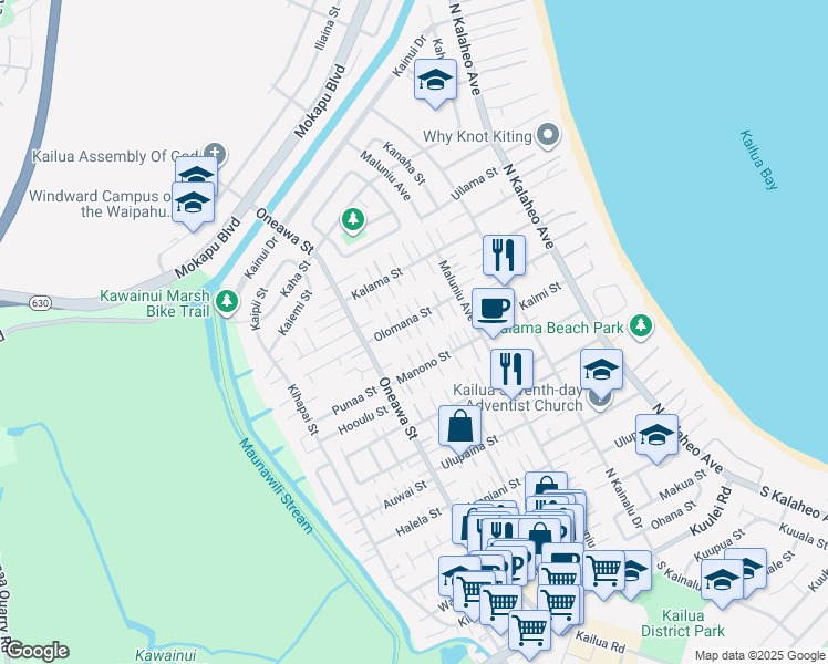 map of restaurants, bars, coffee shops, grocery stores, and more near 421 Olomana Street in Kailua