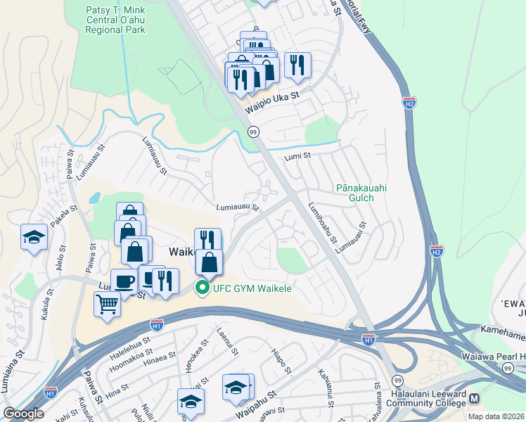 map of restaurants, bars, coffee shops, grocery stores, and more near 94-820 Lumiauau Street in Waipahu