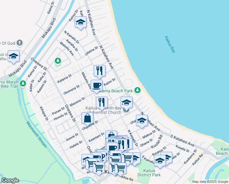 map of restaurants, bars, coffee shops, grocery stores, and more near 143 Kaluamoo Street in Kailua