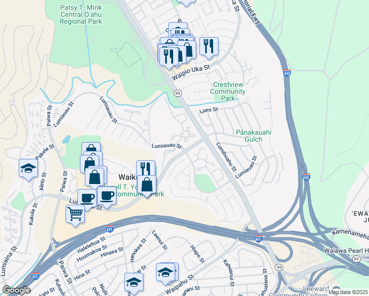 map of restaurants, bars, coffee shops, grocery stores, and more near 94-820 Lumiauau Street in Waipahu