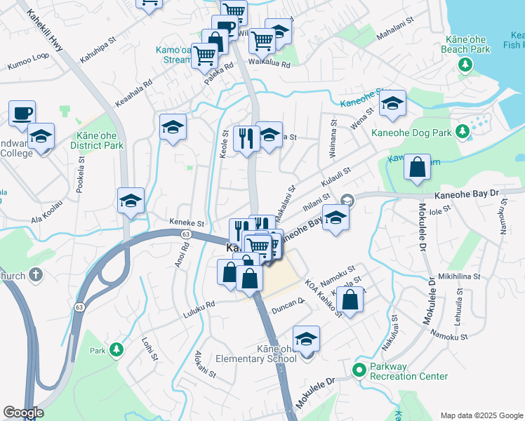 map of restaurants, bars, coffee shops, grocery stores, and more near 45-665 Kamehameha Highway in Kaneohe
