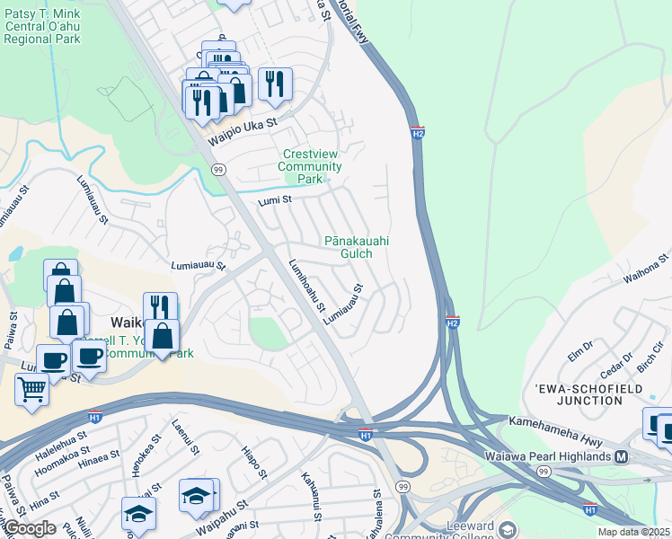 map of restaurants, bars, coffee shops, grocery stores, and more near 94-924 Lumiloke Street in Waipahu