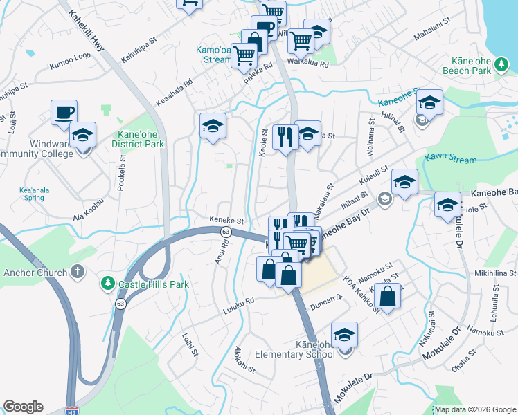 map of restaurants, bars, coffee shops, grocery stores, and more near 45-622 Keole Street in Kaneohe