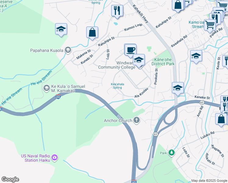 map of restaurants, bars, coffee shops, grocery stores, and more near 45-710 Keaahala Road in Kaneohe