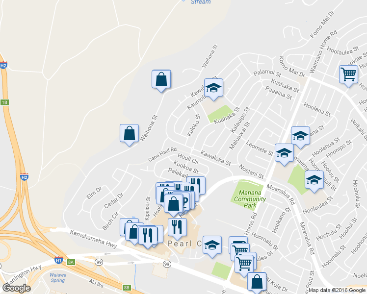 map of restaurants, bars, coffee shops, grocery stores, and more near 1175 Kaweloka St in Pearl City