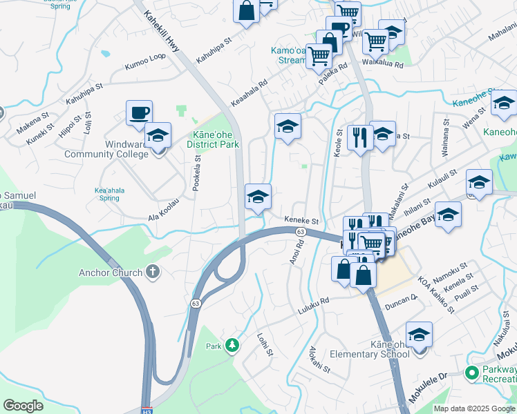map of restaurants, bars, coffee shops, grocery stores, and more near 45-628 Keneke Street in Kaneohe