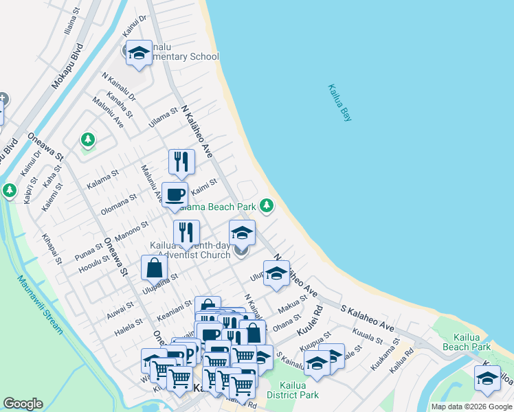 map of restaurants, bars, coffee shops, grocery stores, and more near 280 North Kalaheo Avenue in Kailua