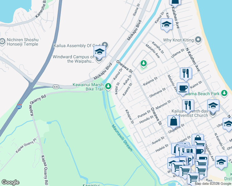 map of restaurants, bars, coffee shops, grocery stores, and more near 793 Kaipii Street in Kailua