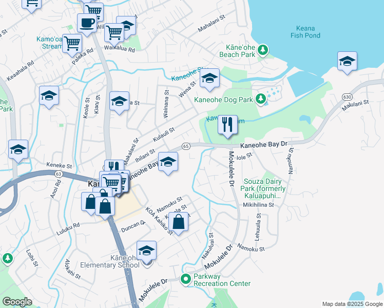 map of restaurants, bars, coffee shops, grocery stores, and more near 45-386 Kaneohe Bay Drive in Kaneohe