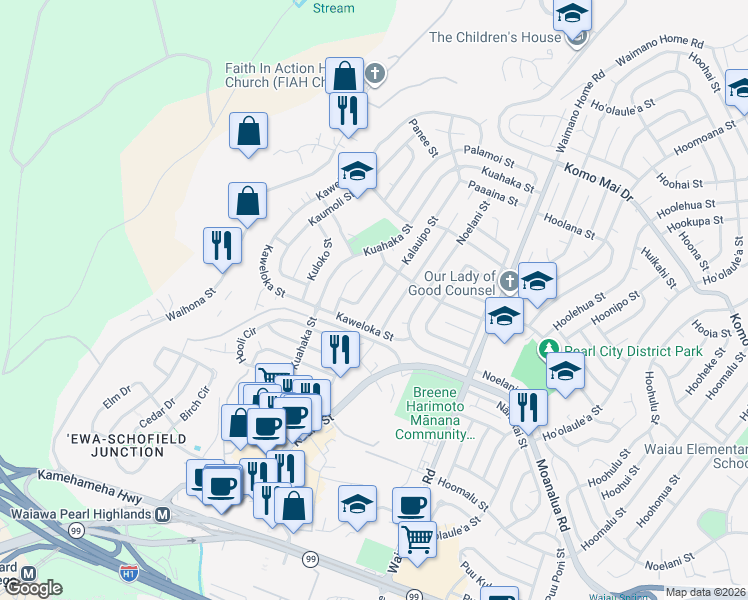 map of restaurants, bars, coffee shops, grocery stores, and more near 1424 Kalauipo Street in Pearl City