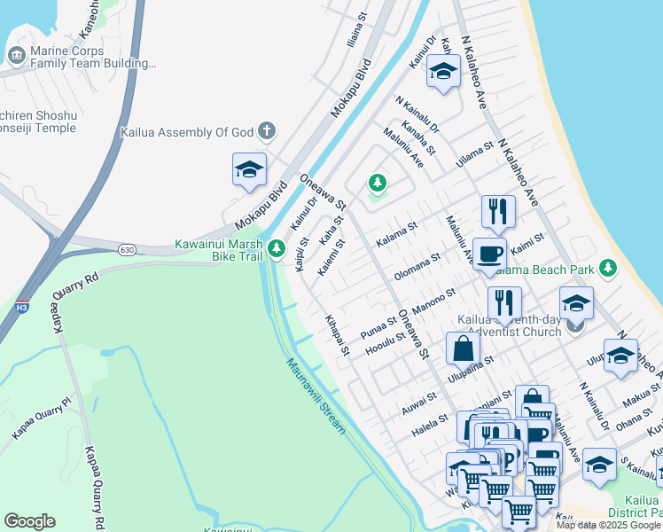 map of restaurants, bars, coffee shops, grocery stores, and more near 627 Kaiemi Street in Kailua