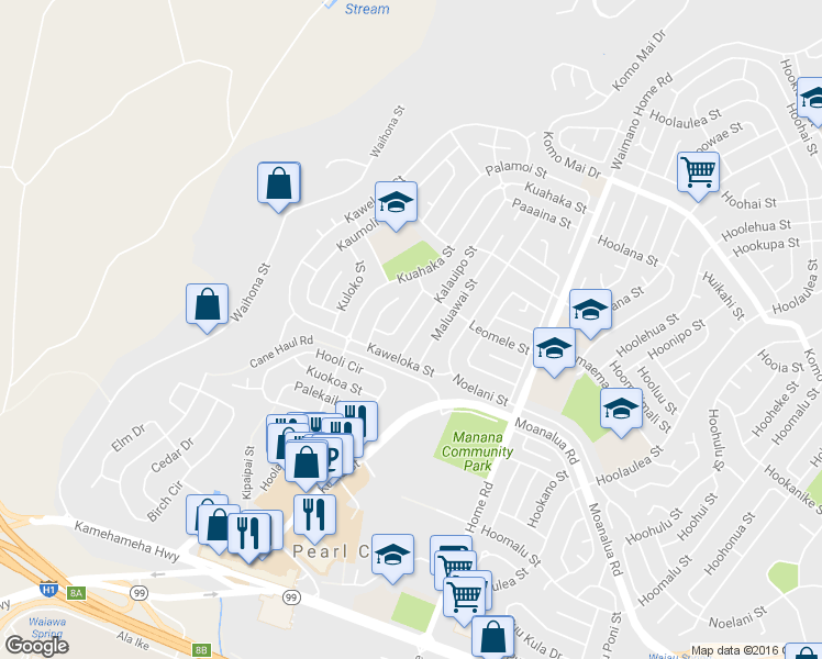 map of restaurants, bars, coffee shops, grocery stores, and more near 1424 Kalauipo Street in Pearl City