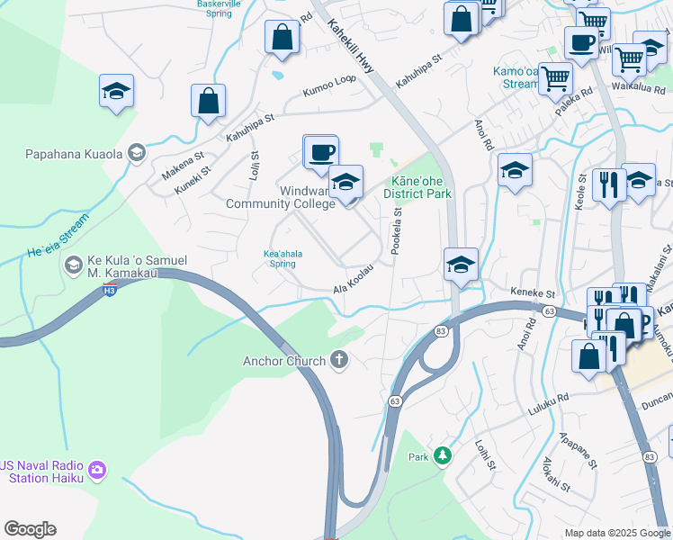 map of restaurants, bars, coffee shops, grocery stores, and more near 45-710 Keaahala Road in Kaneohe