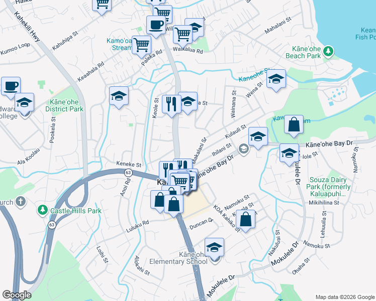 map of restaurants, bars, coffee shops, grocery stores, and more near 45-677 Kamehameha Highway in Kaneohe