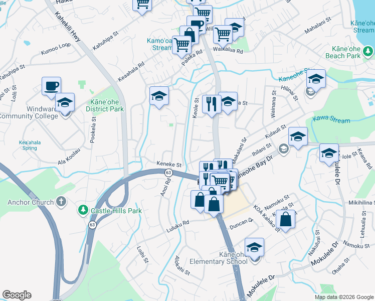 map of restaurants, bars, coffee shops, grocery stores, and more near 45-622 Keole Street in Kaneohe