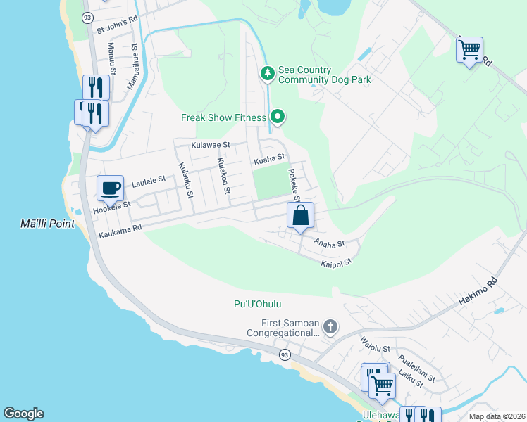 map of restaurants, bars, coffee shops, grocery stores, and more near 87-1105 Ohe'Ohe Street in Waianae