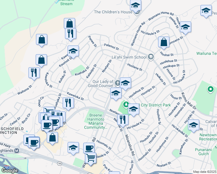 map of restaurants, bars, coffee shops, grocery stores, and more near 916 Upalu Street in Pearl City