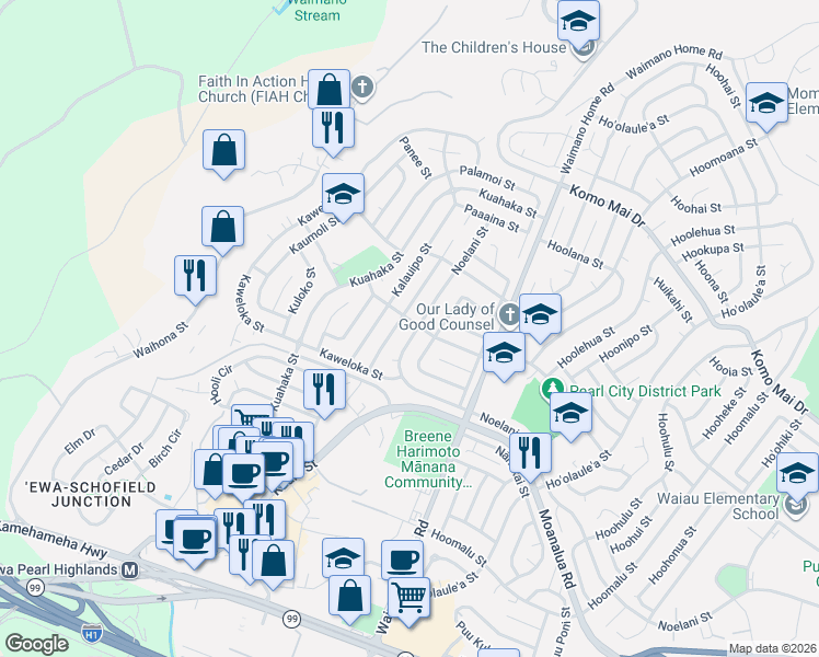 map of restaurants, bars, coffee shops, grocery stores, and more near 1455 Maluawai Street in Pearl City