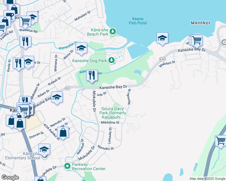 map of restaurants, bars, coffee shops, grocery stores, and more near 45-215 Keana Road in Kaneohe