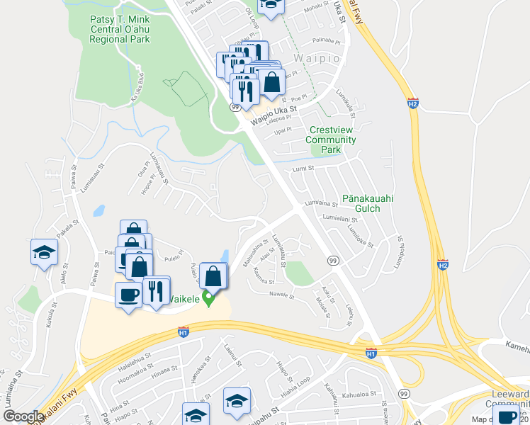 map of restaurants, bars, coffee shops, grocery stores, and more near 94-820 Lumiauau Street in Waipahu