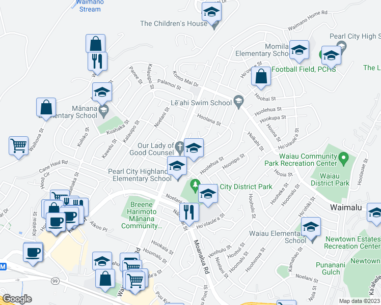 map of restaurants, bars, coffee shops, grocery stores, and more near 881 Hoomoana Street in Pearl City