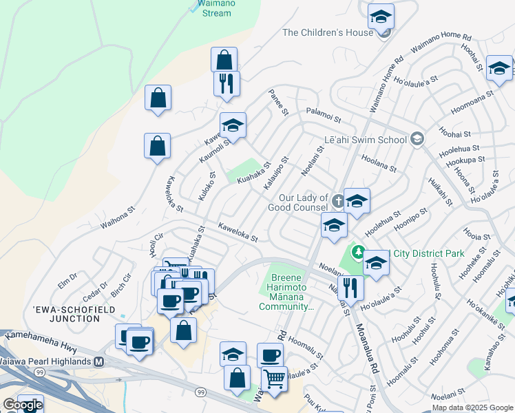 map of restaurants, bars, coffee shops, grocery stores, and more near 1465 Kalauipo Street in Pearl City
