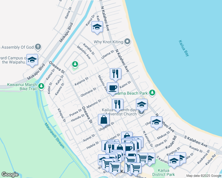 map of restaurants, bars, coffee shops, grocery stores, and more near 304 Manono Street in Kailua
