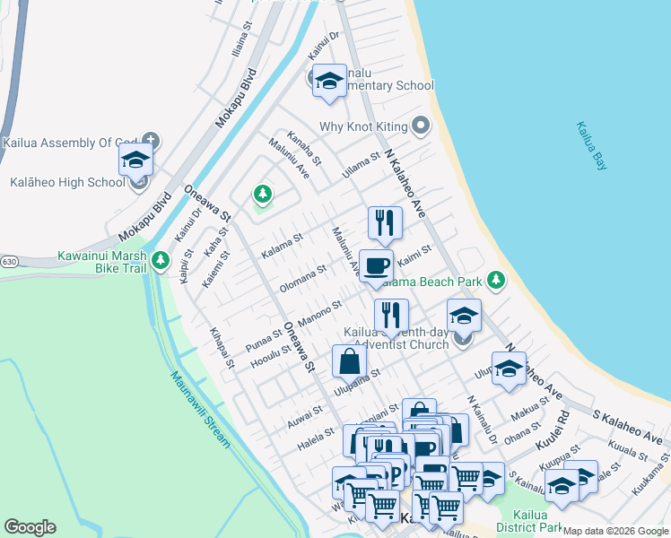 map of restaurants, bars, coffee shops, grocery stores, and more near 345B Olomana Street in Kailua