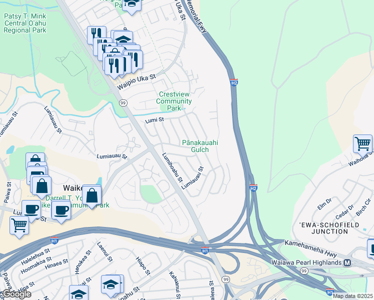 map of restaurants, bars, coffee shops, grocery stores, and more near 94-924 Lumiloke Street in Waipahu