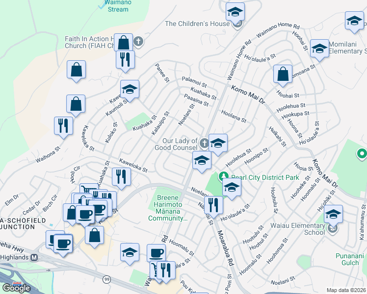 map of restaurants, bars, coffee shops, grocery stores, and more near 919 Upalu Street in Pearl City