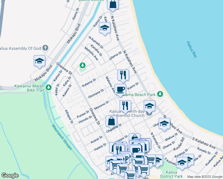 map of restaurants, bars, coffee shops, grocery stores, and more near 646B Maluniu Avenue in Kailua