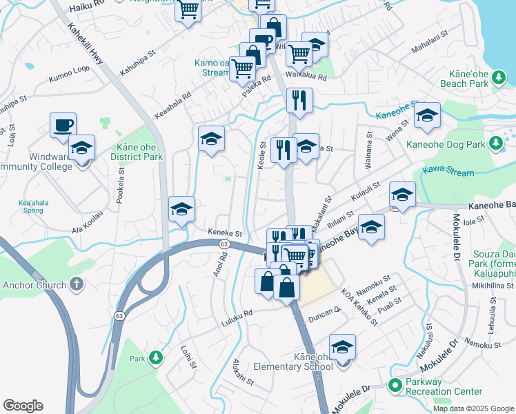 map of restaurants, bars, coffee shops, grocery stores, and more near 45-593 Keole Street in Kaneohe