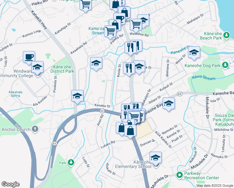 map of restaurants, bars, coffee shops, grocery stores, and more near 45-593 Keole Street in Kaneohe