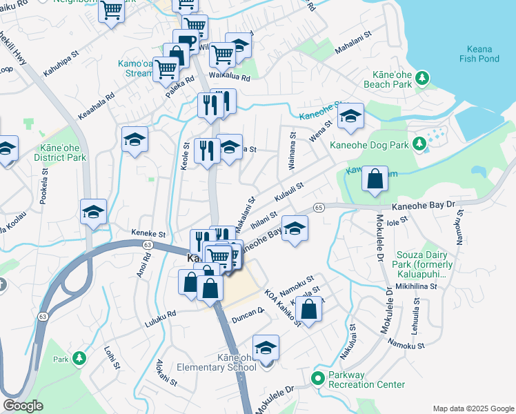 map of restaurants, bars, coffee shops, grocery stores, and more near 45 Kulauli Street in Kaneohe