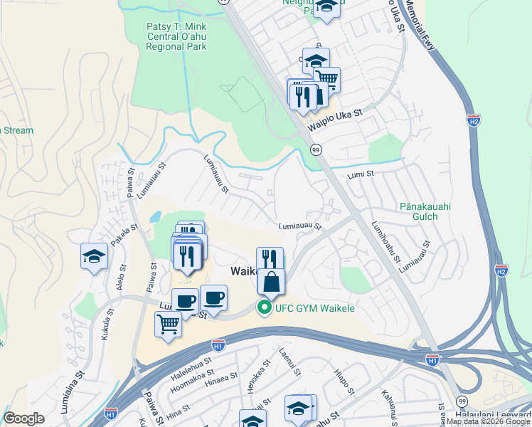 map of restaurants, bars, coffee shops, grocery stores, and more near 94-237 Pailolo Place in Waipahu