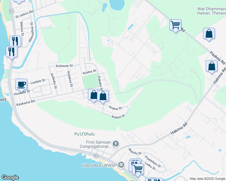 map of restaurants, bars, coffee shops, grocery stores, and more near 87-1037 Naakawelola Street in Waianae