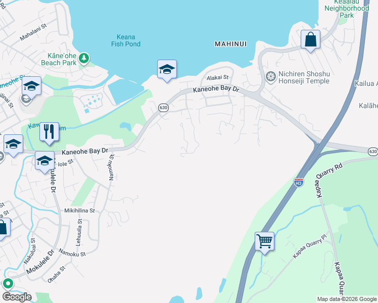 map of restaurants, bars, coffee shops, grocery stores, and more near 45-243 Kokokahi Place in Kaneohe