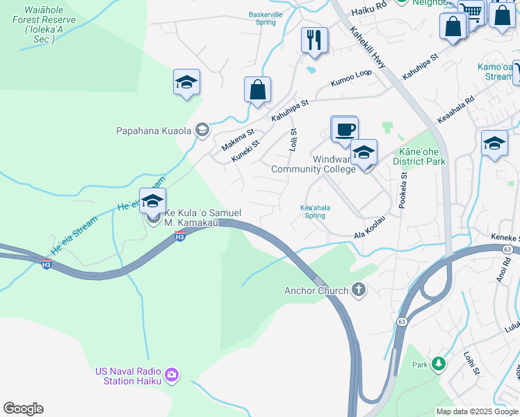 map of restaurants, bars, coffee shops, grocery stores, and more near 45-509 Puoni Place in Kaneohe