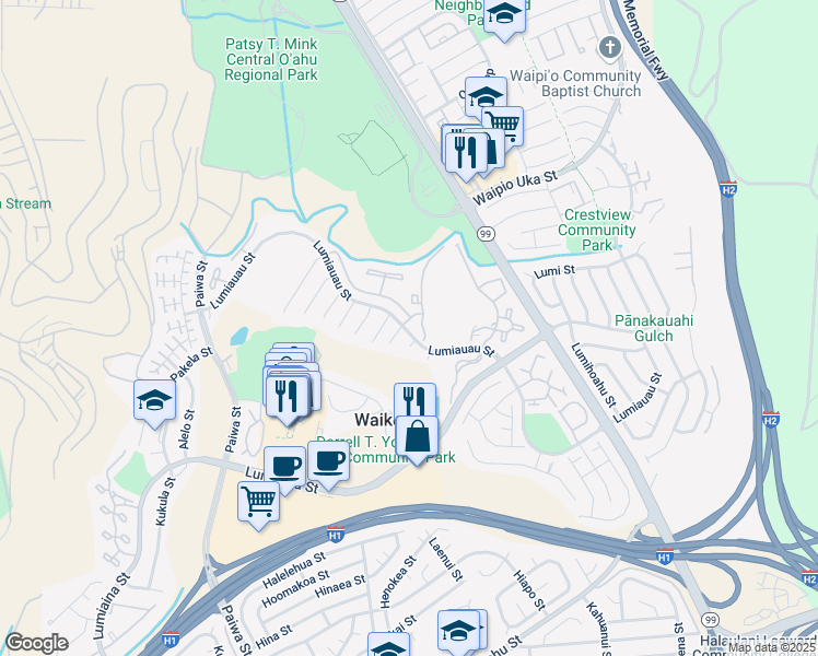 map of restaurants, bars, coffee shops, grocery stores, and more near 94-237 Pailolo Place in Waipahu