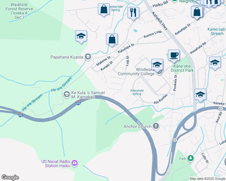 map of restaurants, bars, coffee shops, grocery stores, and more near 45-509 Puoni Place in Kaneohe